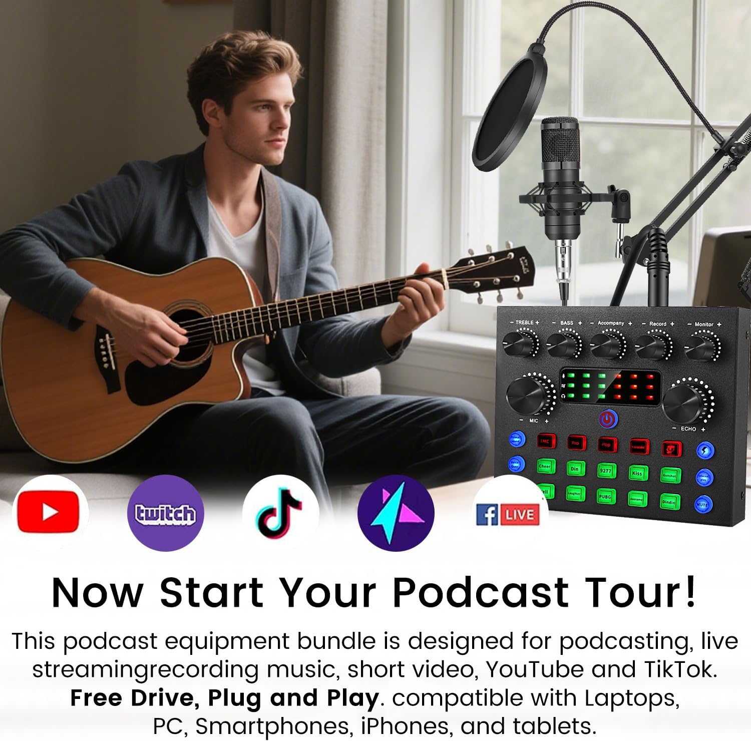 Podcast Equipment Bundle, Recording Studio Package with Podcast Microphone and Voice Changer, Live Sound Card - Audio Interface for Laptop Computer Vlog Living Broadcast Live Streaming YouTube TikTok - Image 5