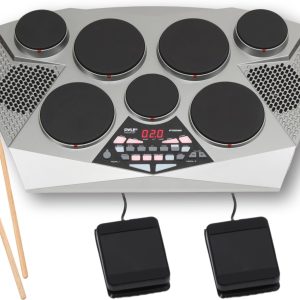 Pyle Pro Electronic Drum kit - Portable Electric Tabletop Drum Set Machine with Digital Panel, 7 Drum Pad, Hi-Hat / Kick Bass Pedal Controller USB AUX -Tom Toms, Hi-Hat, Snare Drums, Cymbals - PTED06