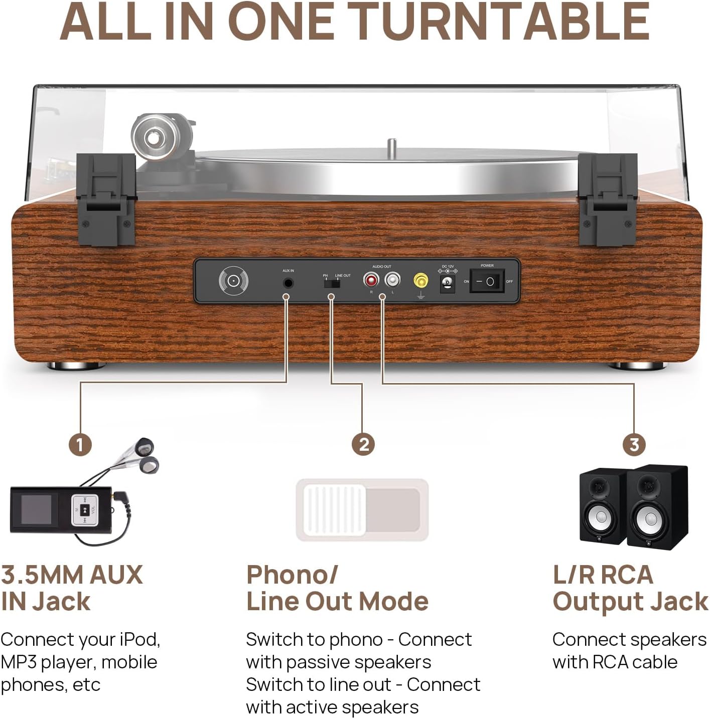 Turntable Record Player with Built-in Speakers, Vinyl Record Player Support Bluetooth Playback Auto Stop 33&45 RPM Speed RCA Line Out AUX in All-in-one Belt-Drive Turntable for Vinyl Records - Image 6