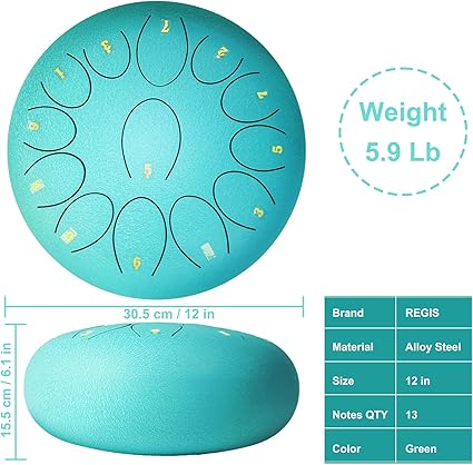 REGIS Steel Tongue Drum 12 Inch 13 Notes C Major – Handpan Drum Percussion Instrument for Adults, Beginner Friendly Music Gift with Mallets, Music Book & Carry Bag (malachite) - Image 5